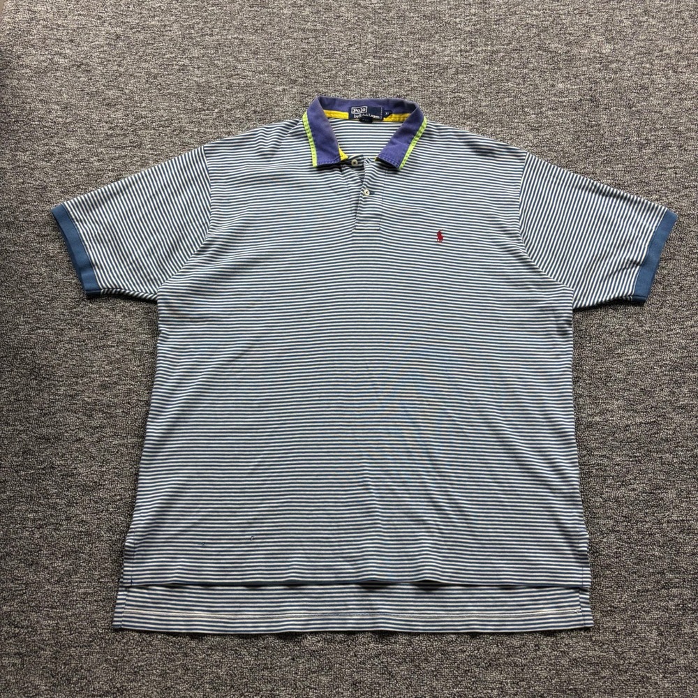 Vintage 1990s Polo Ralph Lauren Red Pony Striped Blue/White Polo Shirt Size XL